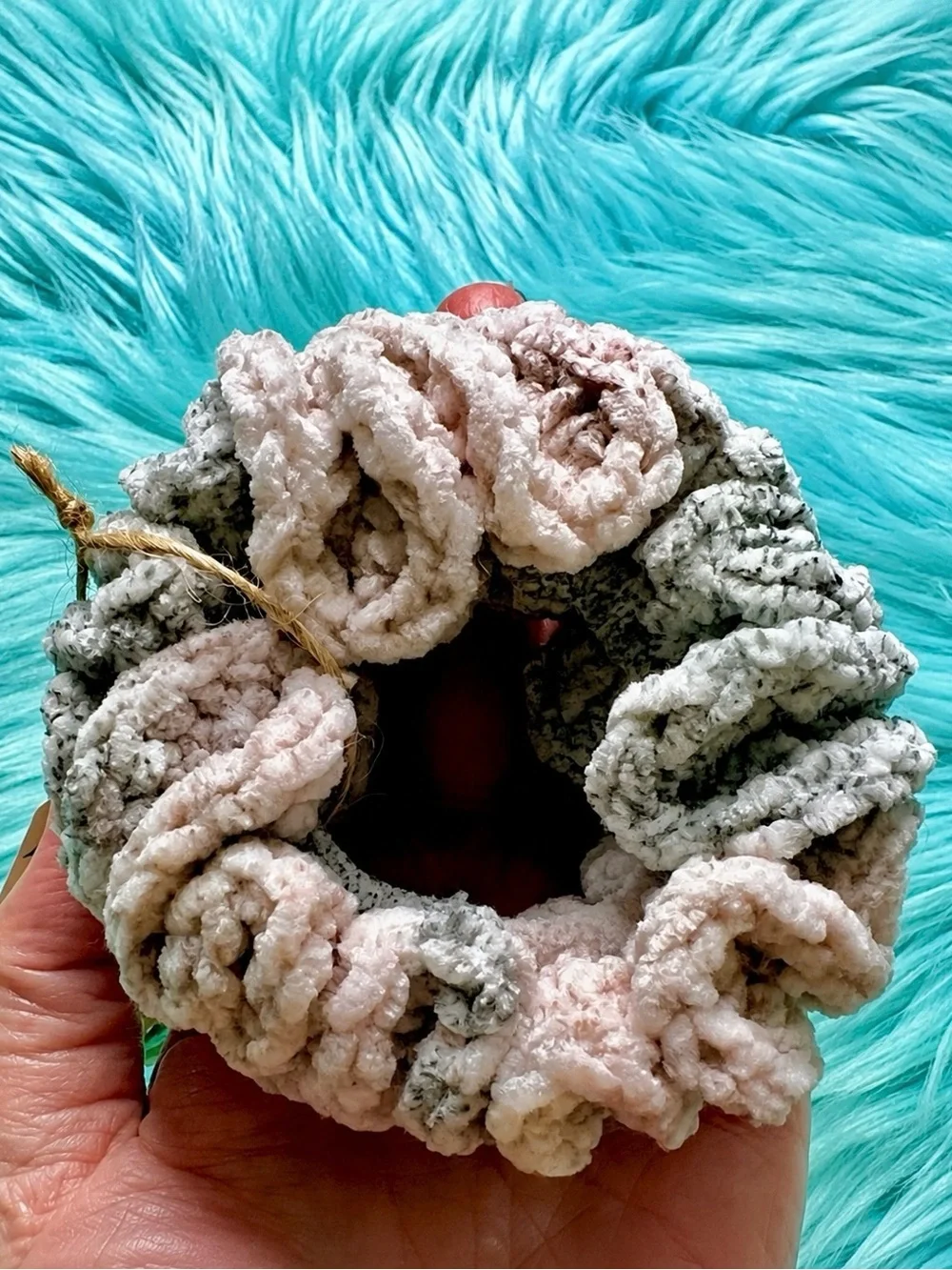 PinkRainCloud Handmade Dusty Rose Velvet Crochet Hair Scrunchie Bracelet